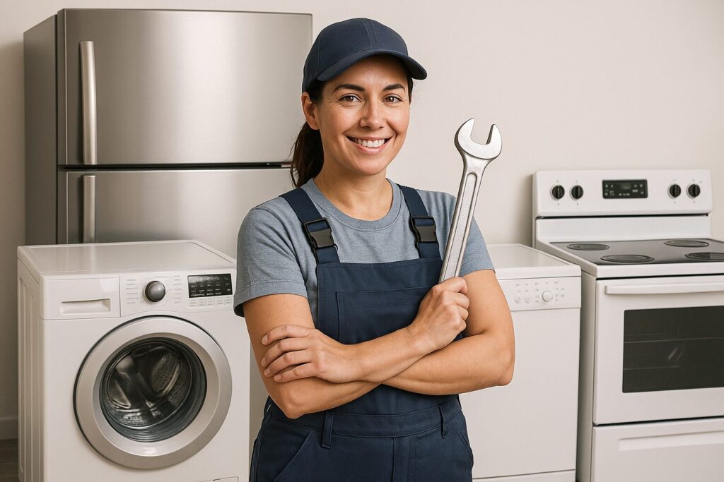 repair image 1 repair woman standing in front of home appliances